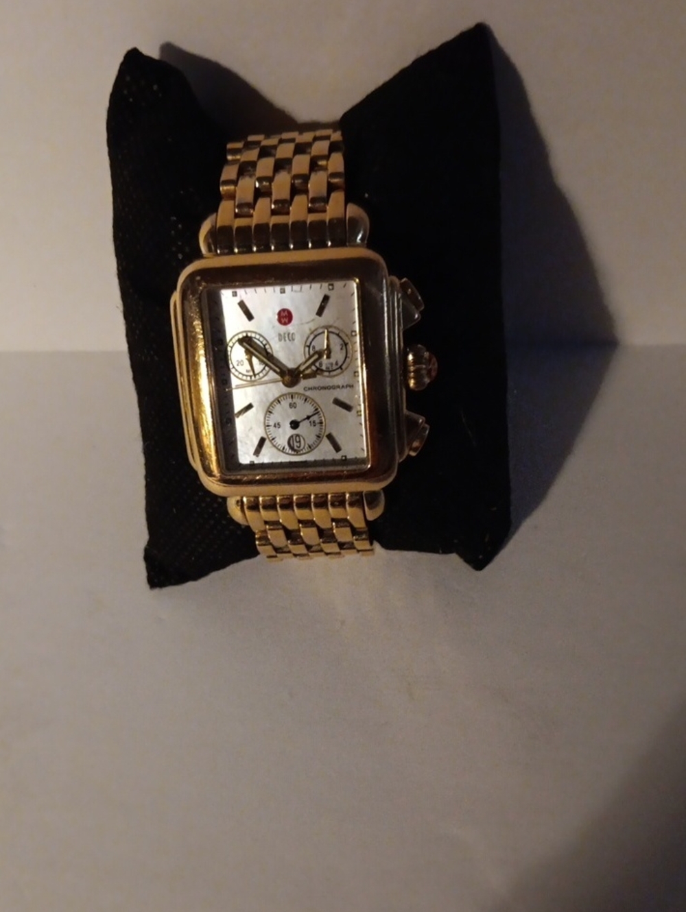 Michele Womens Gold-Tone Square Chronograph Watch with Silver Dial